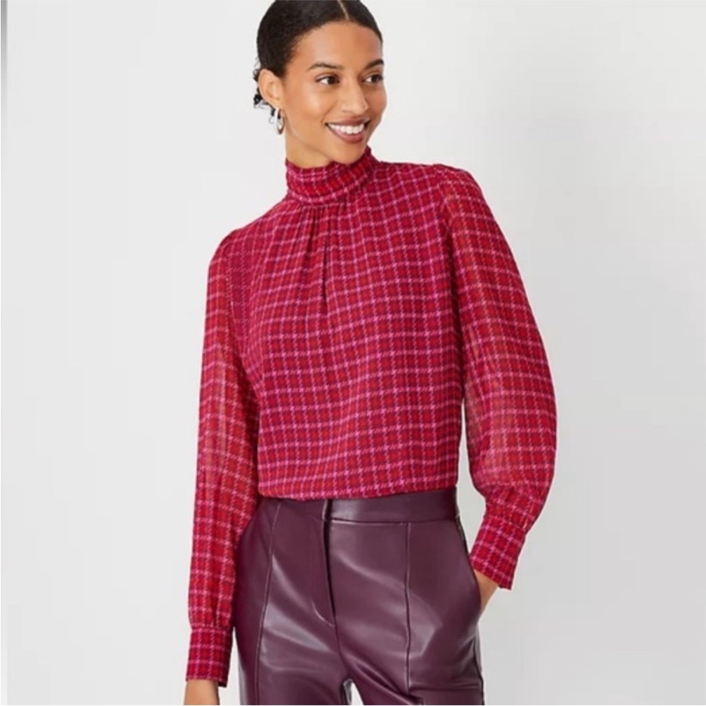 Ann Taylor | Women's Red/Pink/Plum Houndstooth Plaid High-Neck Blouse, Size L